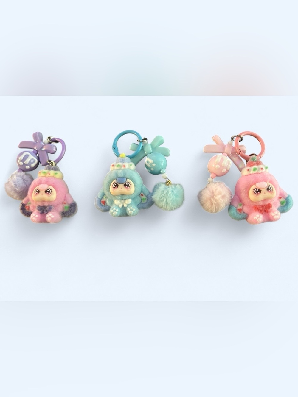 kawaii plush bear keychains with pom pom + bow details